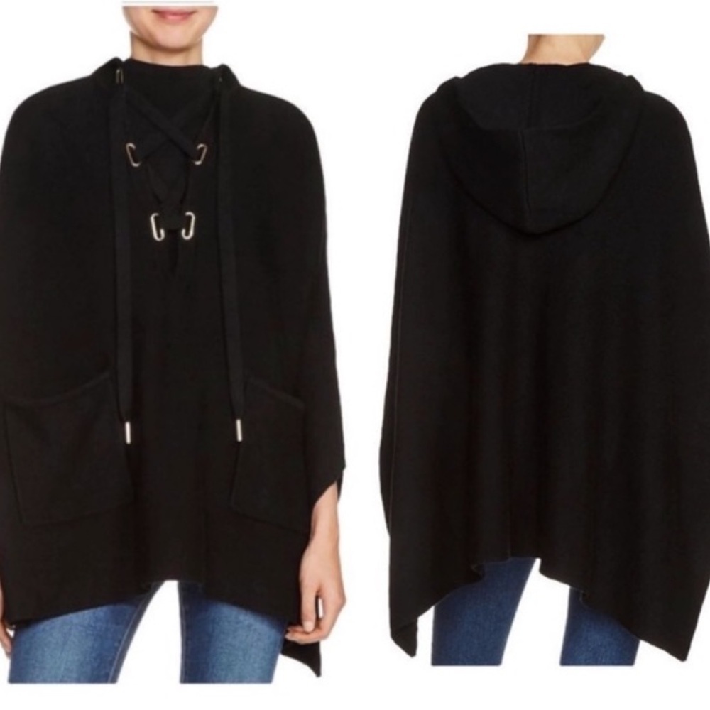 MAJE Black Million Lace Up Knit Poncho Hoodie Sweater
